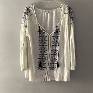 Lucky Brand Cream Top With Navy, Blue and Pink Embroidery. Size M